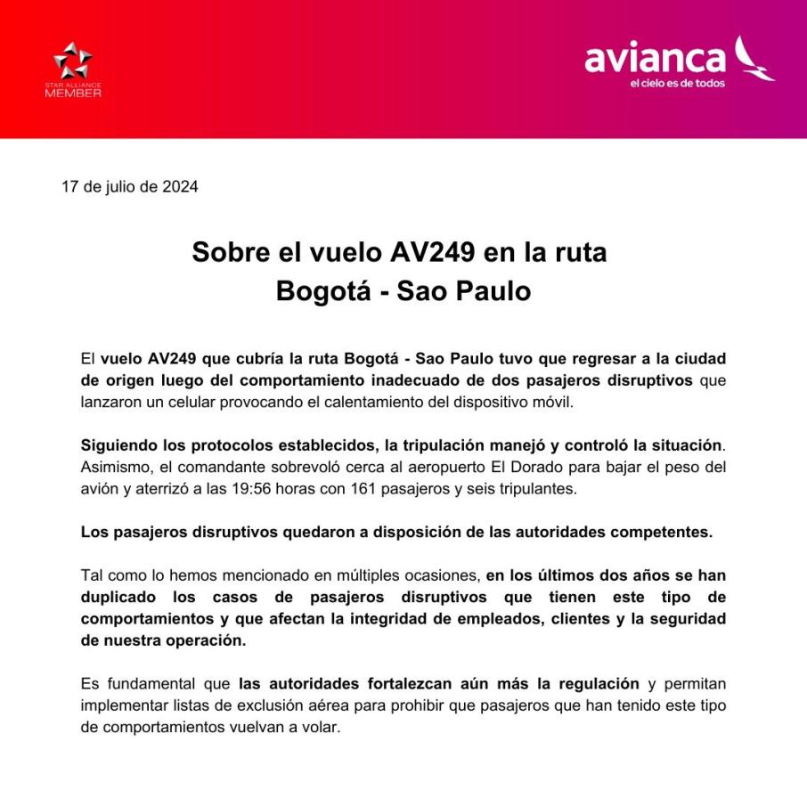 Comunicado Avianca sobre emergencia aérea