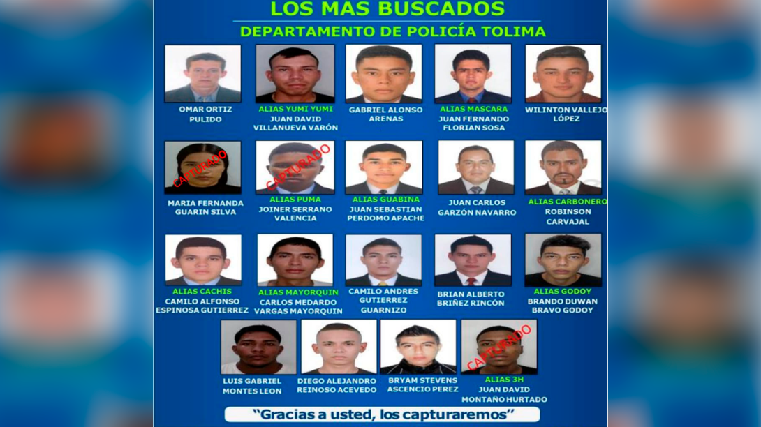 Cartel de los más buscados en el Tolima